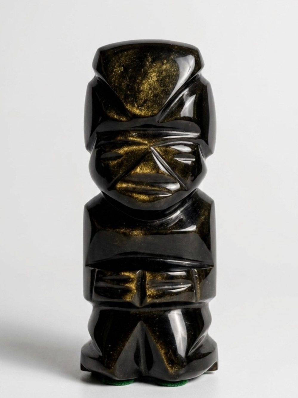 Vintage Black Gold Sheen Obsidian Carved Aztec Mayan Warrior Figurine Decor